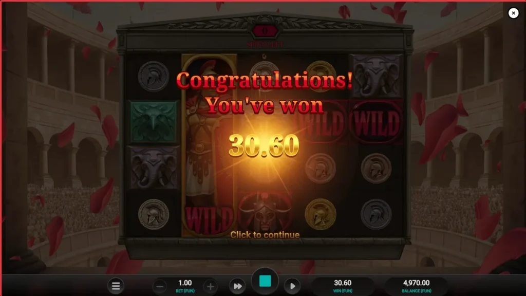 Arena of Fortune স্লট গেমের একটি দৃশ্য যেখানে রোমান গ্ল্যাডিয়েটর এবং কোলোসিয়ামের থিম ফুটে উঠেছে